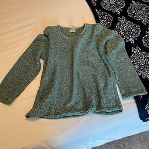 LL Bean green and white woven knit round neck sweater